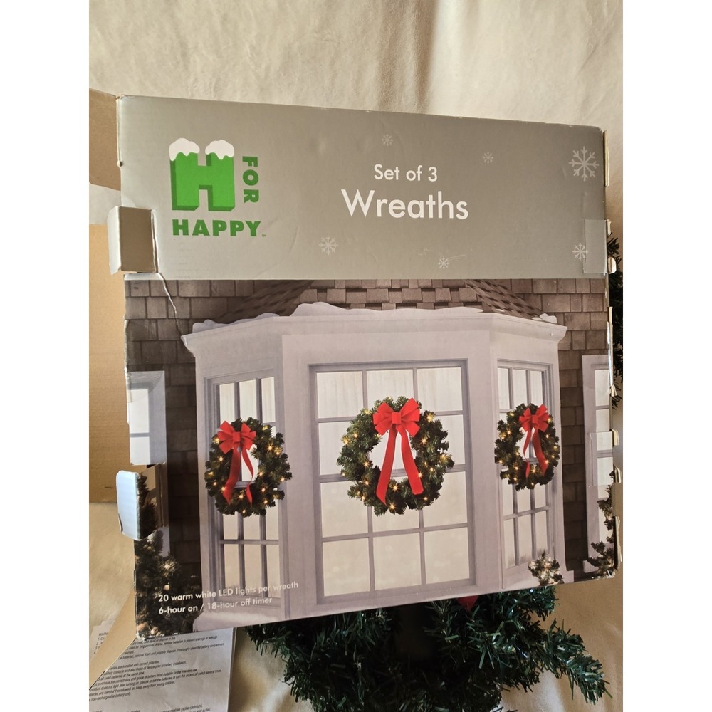 H For Happy Set of 3 LED Light Up Wreaths with Red Bows Outdoor Indoor Christmas